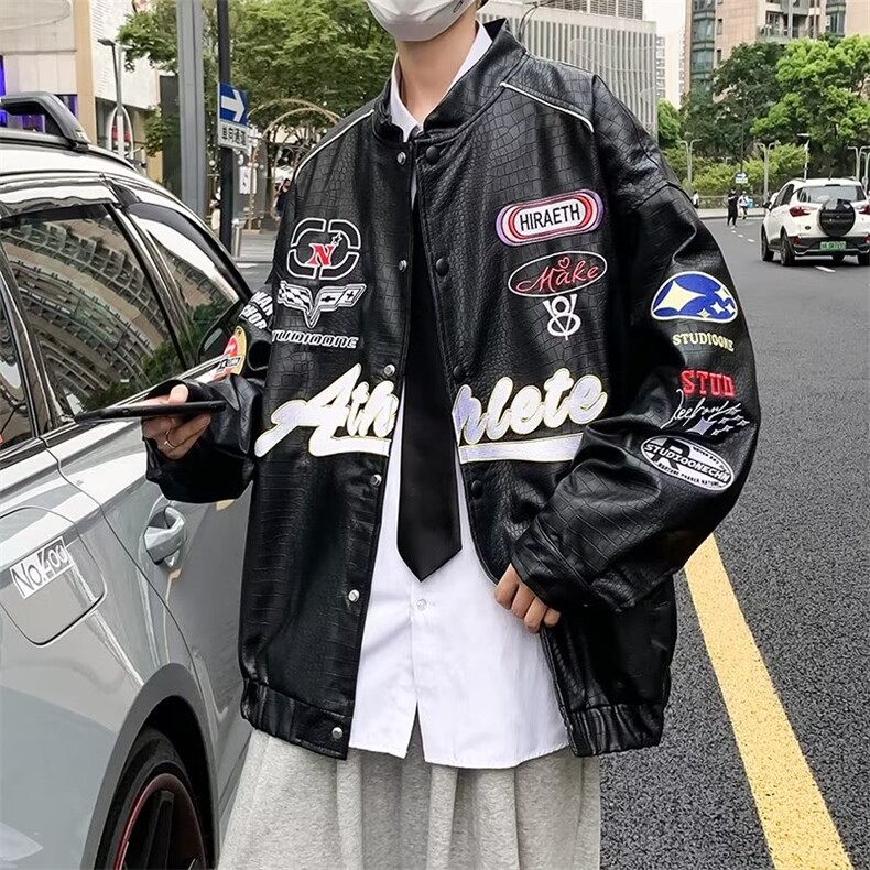 美式潮牌PU皮夹克上衣男情侣宽松棒球服男街头机车外套PJ957-P88,男装夹克,星座1008