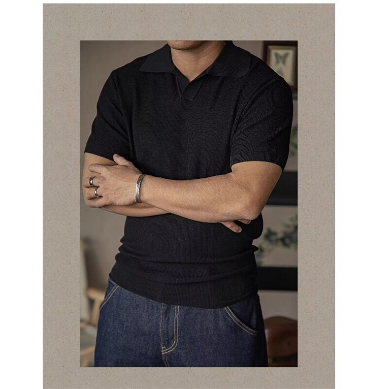 无品牌新款流行时尚百搭黑色V领针织短袖t恤男士修身半袖慵懒潮流,男装T恤,星座506A