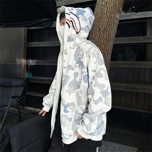 美式高鲨鱼拉链刺绣卫衣男女同款情侣春秋薄款hiphop原创连帽开衫图片
