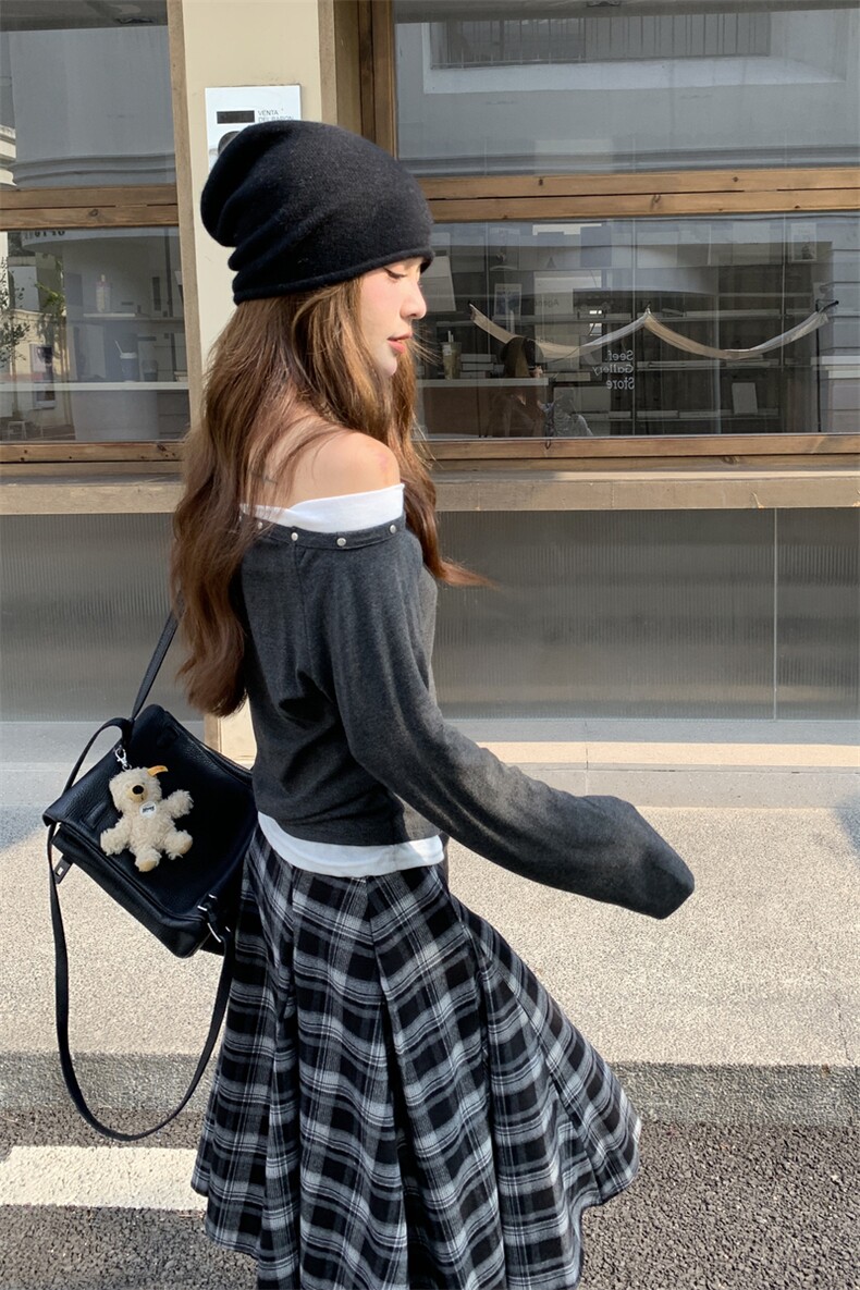 韩版露肩长袖T恤套装裙女2025春秋季新款不规则格纹半身裙两件套,女装套装/套裙,2C291