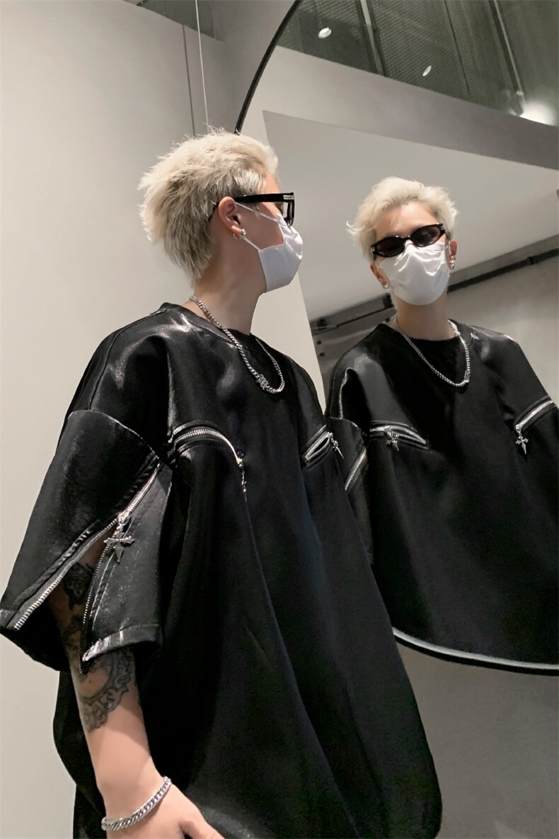 解构垫肩短袖T恤夏小众设计金属拉链半袖体恤XZ514-2-202467-P58,男装T恤,星座514-2(原B239)