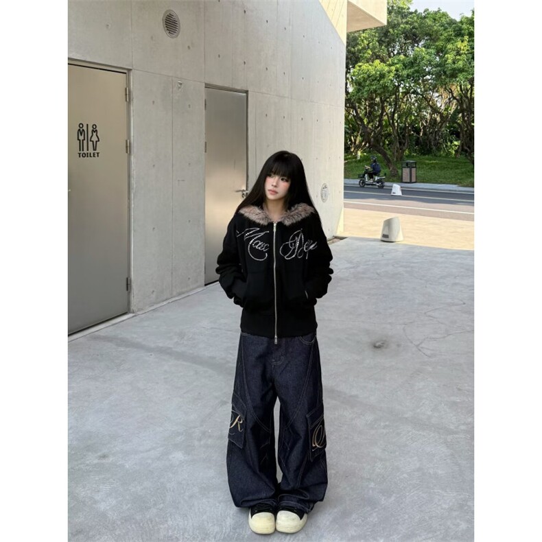 美式复古大口袋弯刀牛仔裤女春季新款大码胖MM宽松显瘦阔腿拖地裤,女装牛仔裤,星座506A