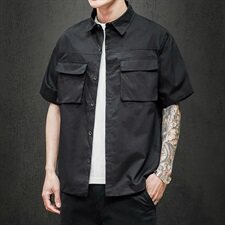 2021夏季新马切达日系大码男抽绳下摆宽松工装短袖衬衫C555-P35，男装衬衫，电商A001