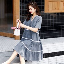 V领印花气质百搭收腰韩版2021年夏季潮流短袖优雅连衣裙，女装连衣裙，悠米