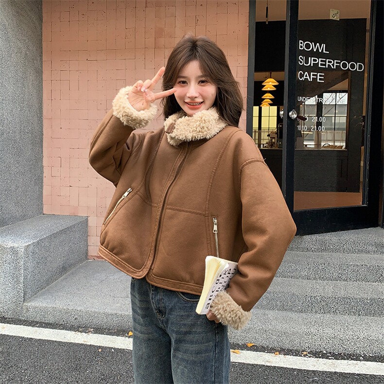 韩版时尚机车风皮毛一体外套女2025冬季新款显瘦加厚加绒棉服棉袄,女装短外套,纯色衣恋