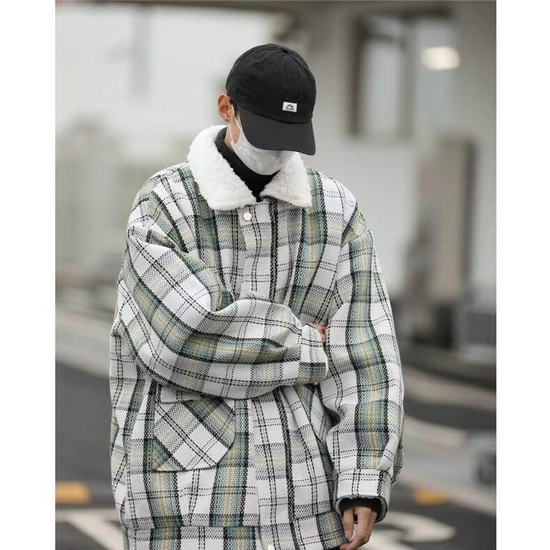 格子羊羔毛棉衣男士冬季加绒加厚潮流棉服  M9018 P90图片