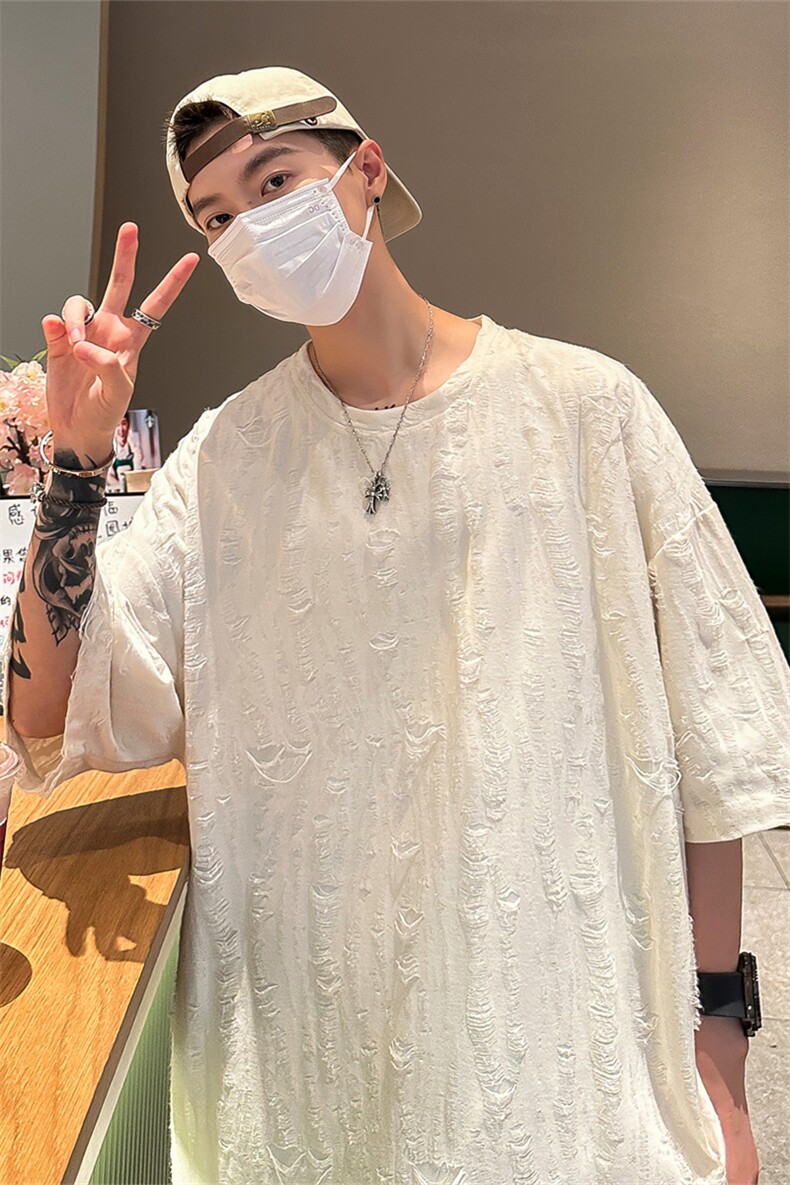 T8042/P30夏季破洞短袖T恤男个性设计感大码重磅宽松上衣,男装T恤,电商A141