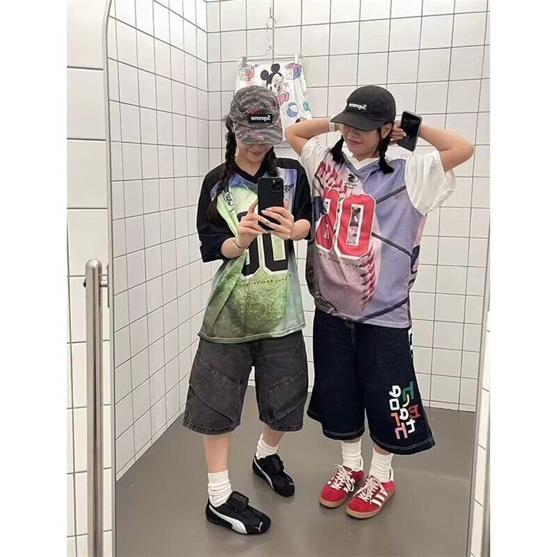 青少年美式复古街头球衣短袖t恤男女潮牌V领印花宽松运动休闲上衣,男装T恤,星座506A
