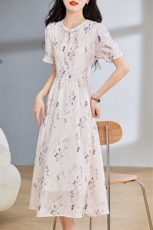 2024年夏季女装新款圆领印花盘扣复古长款连衣裙，女装连衣裙，初闻兮