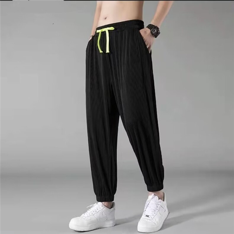 裤子男冰丝夏季薄款休闲长裤宽松垂感卫裤潮牌透气九分束脚运动裤,男装休闲裤,四季星座218-1