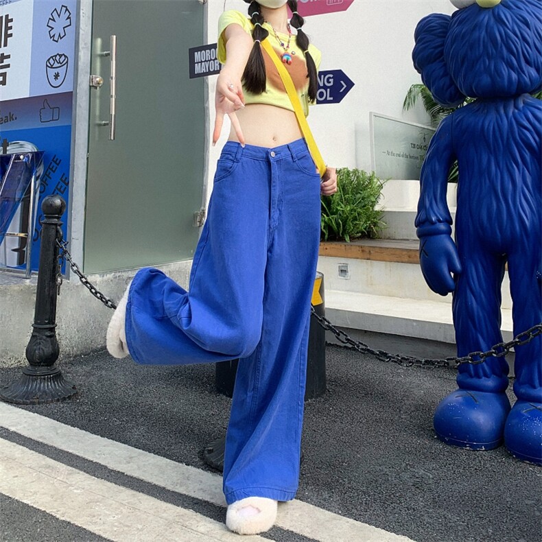 2024夏季多巴胺糖果色高腰牛仔裤女纯色宽松直筒长裤女休闲裤潮,男装休闲裤,星座716-2
