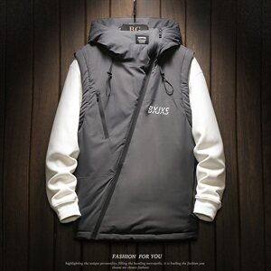 木板斜拉链装饰连帽棉马甲男冬季防风灰色马甲A090-MJ20p75限98图片