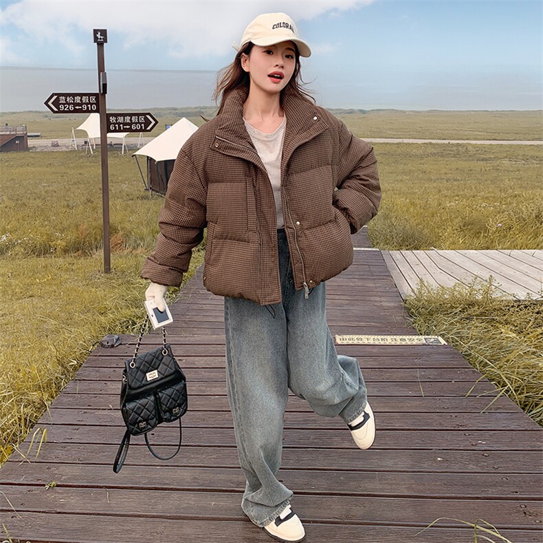 韩版咖色格纹短款羽绒服女2025年冬季新款显瘦保暖立领白鸭绒外套,女装羽绒服,2C309