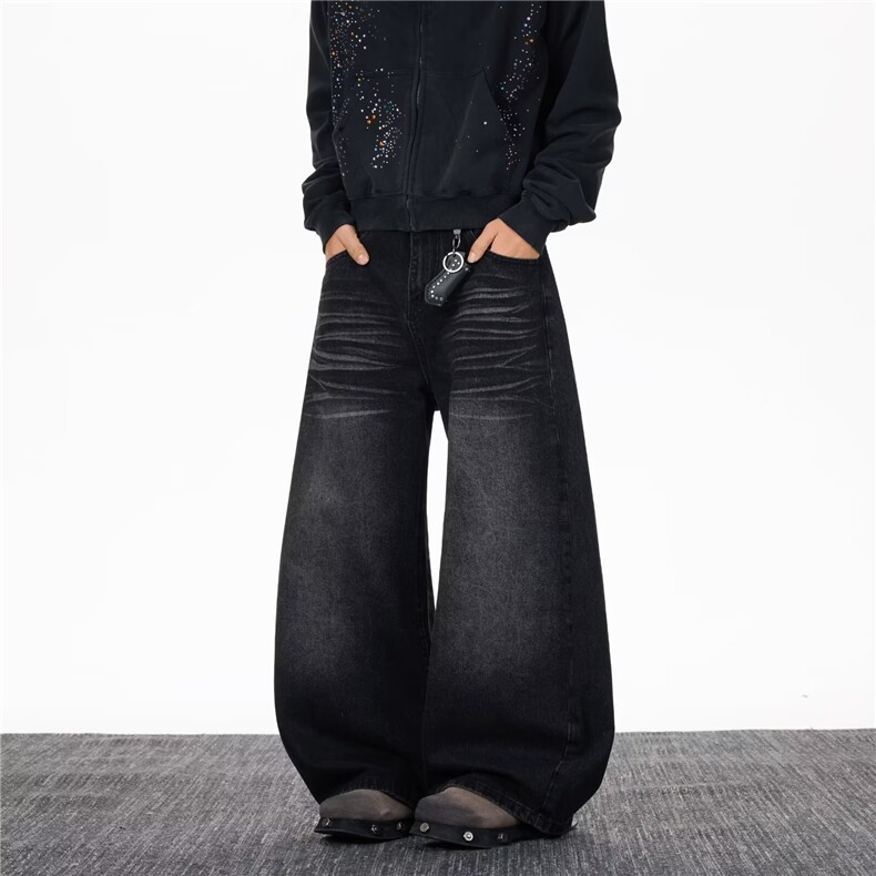 自家图黑色S-3XL水洗猫须男装宽松牛仔裤XZ212-1-QNK9036-P46，男装牛仔裤，星座212-1