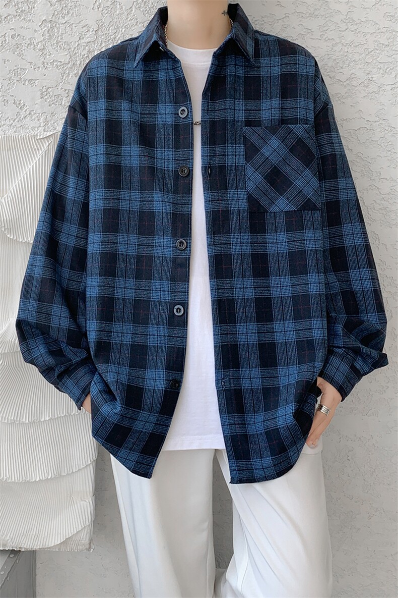 8XL-M格子衬衫男长袖秋季美式复古潮宽松衬衣外套CS516P55控78,男装衬衫,电商D206-1