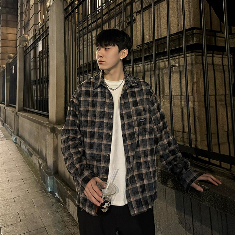 有货（自家图）扎染格子衬衫宽松潮牌痞帅格纹外套CS002-批55控68图片