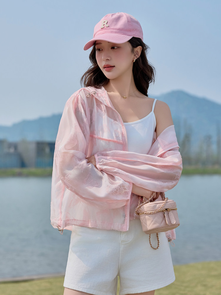 植绒蝴蝶提花轻薄防晒衣女2025夏新款宽松百搭时尚减龄防晒服外套,女装防晒衣,悦祺