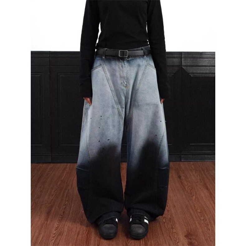 美式潮牌水洗渐变扎染弯刀牛仔裤拼接裁剪褶皱泼墨扎染渐变弯刀裤，女装牛仔裤，星座506A