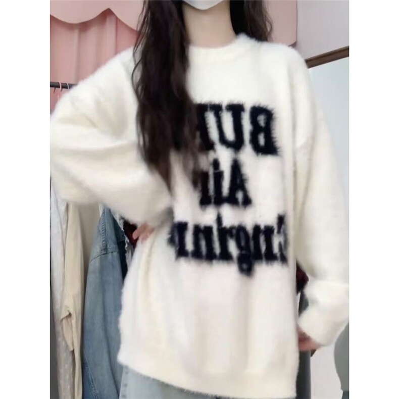 W619-P42马海毛字母圆领毛衣男女慵懒风高级感情侣装针织衫外套,男装针织衫/毛衣,星座911-1