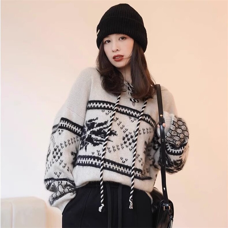 2024新款雪花提花宽松外穿毛衣女套头慵懒风,女装羊毛衫,珍珑羊绒