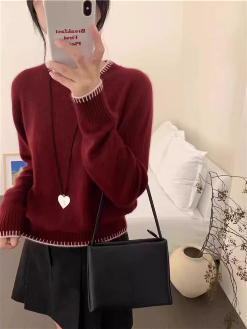美丽诺羊毛衫女圆领灰色毛衣24秋冬新款欧货高端针织打底,女装羊毛衫,千御纺羊绒