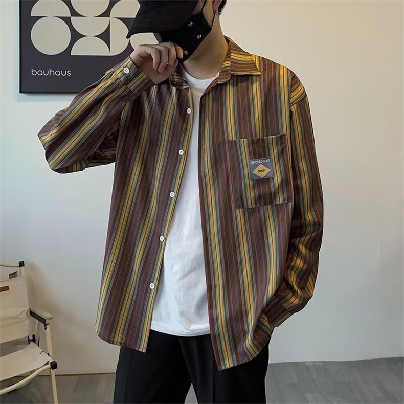 新款复古港风情侣条纹衬衫长袖休常规款原宿常规宽松型XC332/P35,男装衬衫,星座506