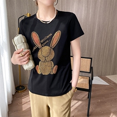 丝光棉休闲设计感个性镶钻T恤女修身纯色宽松亲肤短袖透气吸汗，女装T恤，元素羊绒