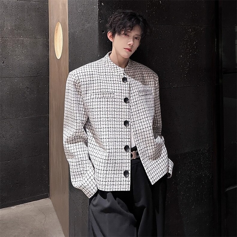 W10435-P68网图现货小香风短款垫肩格子外套克新中式西服上衣,男装西服,星座1608