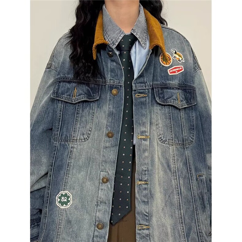 2605-P70美式复古高街牛仔外套女春秋季机车潮牌翻领宽松刺绣,男装工装外套,电商B323A
