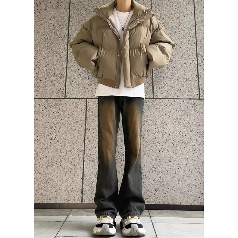 现货5W件冬季三防重磅硬挺boxy短款羽绒立领PU皮棉衣外套加厚棉服,男装棉衣,电商A443