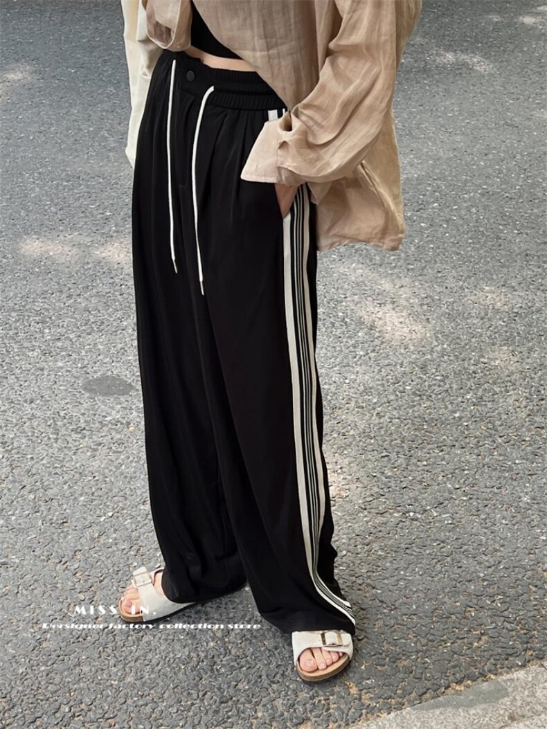 现货休闲风侧边条纹阔腿裤，其它，蜜思印·金