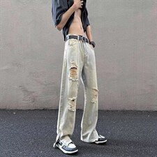 牛仔裤男秋季潮大码休闲裤高街设计感牛仔裤子N1777P45，男装牛仔裤，星座1116-2