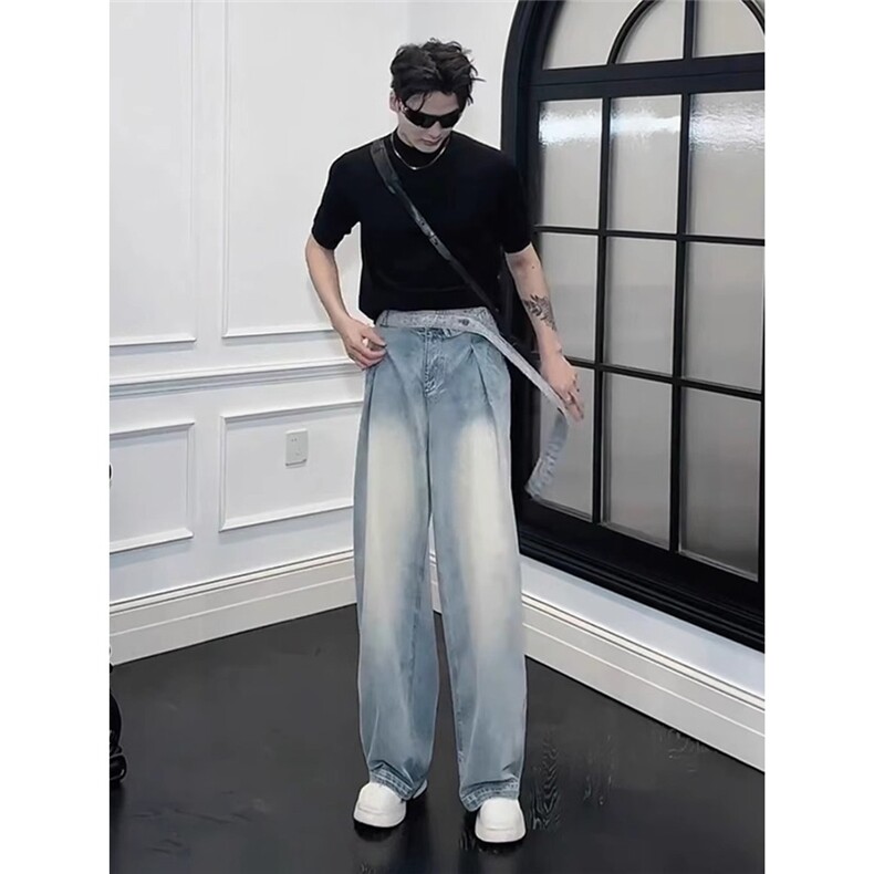 牛仔裤男女新款2025年春秋季复古腰带设计感阔腿裤痞帅宽松弯,男装牛仔裤,星座218-1（原230）