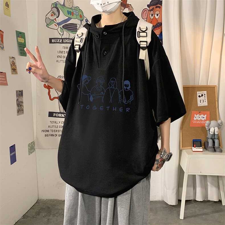LD54191-P45连帽短袖t恤男大码胖子带帽五分袖中袖,男装T恤,电商A040