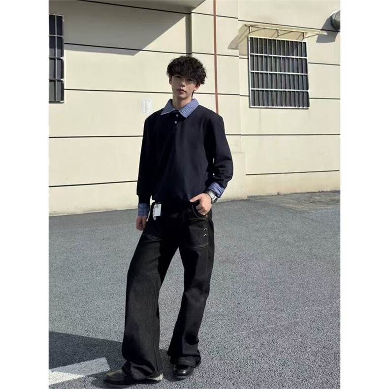 网图有货美式复古miu系假两件polo衫长袖男女宽松上衣A996-P48,男装卫衣,星座1505