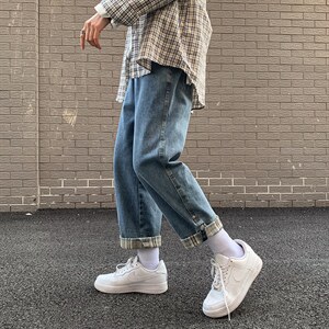 格子卷边搭扣牛仔裤男新款学院风情侣休闲老爹裤显瘦裤子