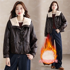 现货！现货！加绒加厚皮衣女2025冬季新款羊羔毛翻领棉衣棉服，女装棉衣/棉服，以桐