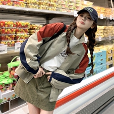美式复古风可盐可甜拼接撞色夹克2025夏季新款独特漂亮短外套女潮，女装短外套，2C050
