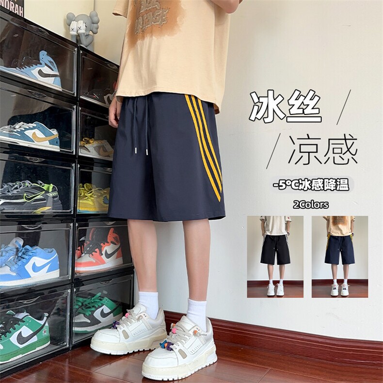 特批P23无差价25夏季时尚撞色三条杠冰丝凉感大码五分裤男DK5893,男装休闲裤,电商A001-1
