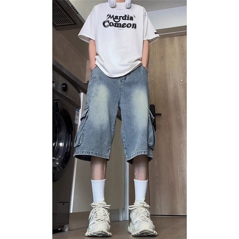 L503工装牛仔短裤男休闲中裤男生宽松大码五分裤子男款,男装牛仔裤,星座308A-1（原309B-1）