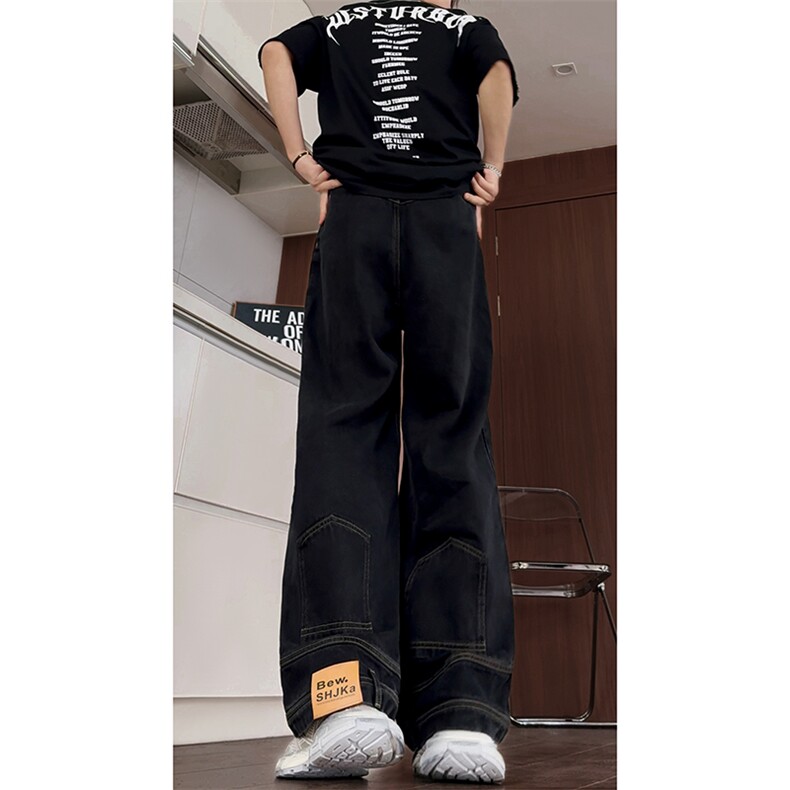 B221美式ins高街暗黑小众拼接宽松直筒牛仔裤LK24169-P60控78,男装牛仔裤,电商B221