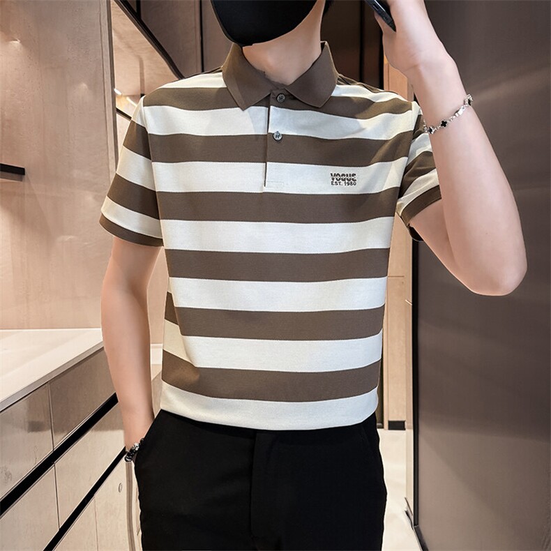 2025条纹刺绣Polo衫翻领轻奢高级感半袖上衣,男装T恤,电商D342