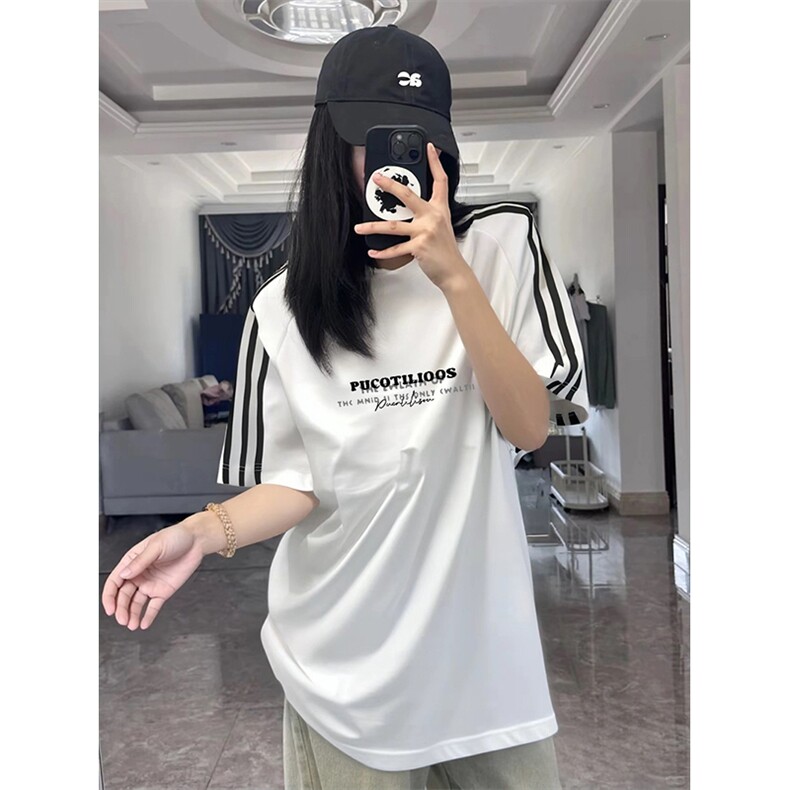 抖音得物高品质二开240克宽松纯棉美式潮牌三条杠织带短袖T恤图片