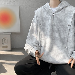 重磅扎染连帽卫衣男春秋季小众设计感半拉链潮牌痞帅大码休闲外套图片