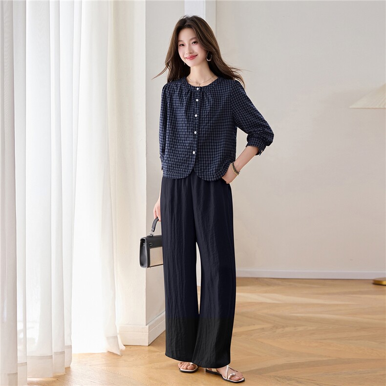 轻熟小众不撞款套装2026春夏新款巨好看长袖格子衬衫亚麻裤两件套，女装套装/套裙，涵誉