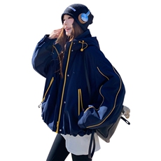 藏青色撞色连帽冲锋衣外套女2025冬新款学院风小个子加绒加厚棉服，女装派克服，2C218