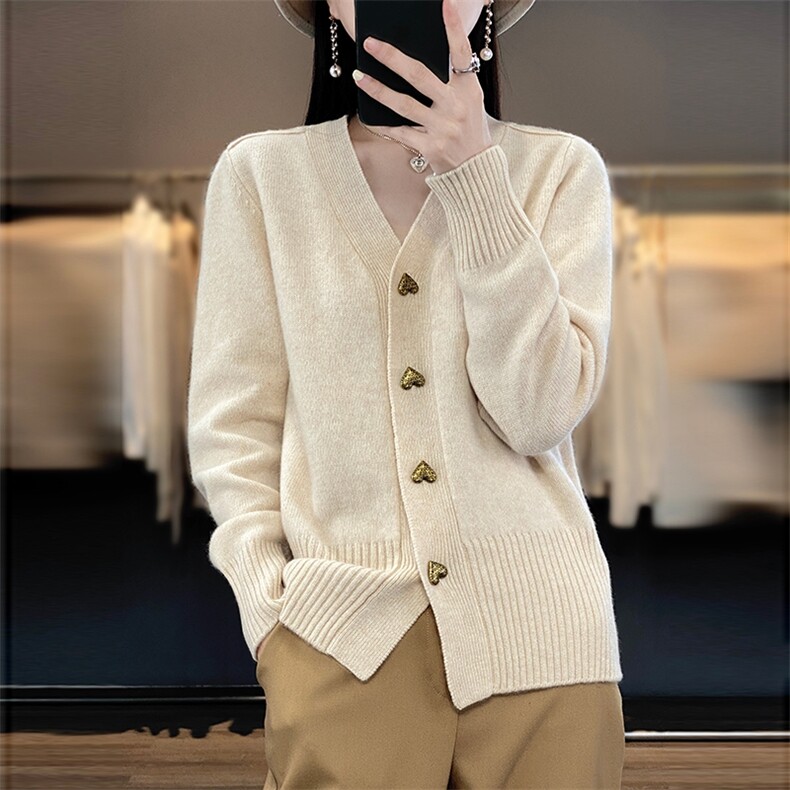 100%纯羊毛开衫女V领爱心扣子针织衫毛衣宽松纯色羊绒衫上衣外套,女装羊毛衫,隆格羊绒