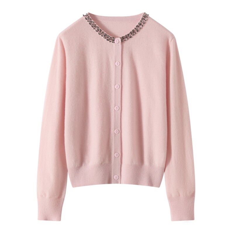 2025秋冬百搭时尚简约镶钻圆领开衫针织衫，女装针织衫/毛衣，东远绒业