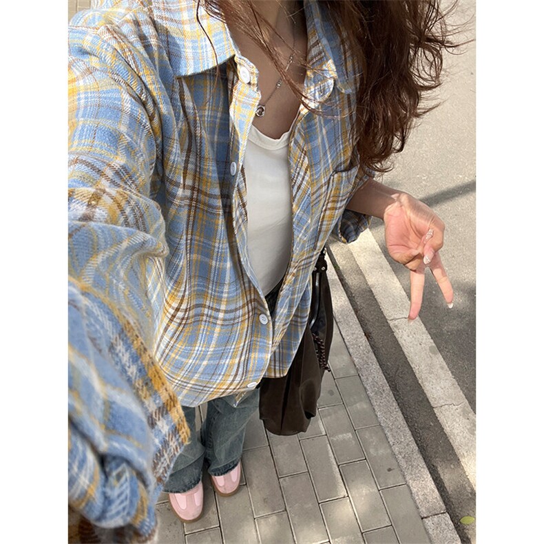 黄蓝色磨毛格子衬衫女秋季高级感慵懒风格纹衬衣美式复古长袖外套,男装衬衫,电商A086-1