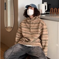 2025新款秋冬毛呢连帽卫衣潮牌宽松休闲加厚条纹套头外套SWB12，女装短外套，星座516A